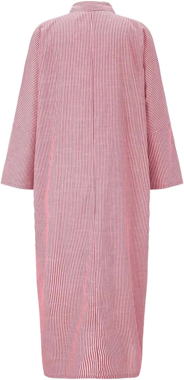 Womens Casual Long Sleeve Button Down Loose Striped Cotton Maxi Shirt Dress Sundress Split Maxi Long Beach Dress Shirt Dress