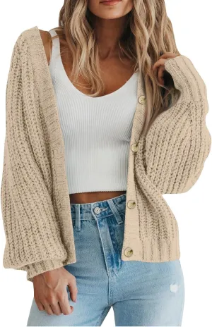 Women's Casual Long Sleeve Button Sweater Casual Open Front Sweater Lightweight Chunky Knit Sweater Outerwear Fall Outfits Oversized Soft Sweater Cropped Cardigan for Women Knitted Pullover Top