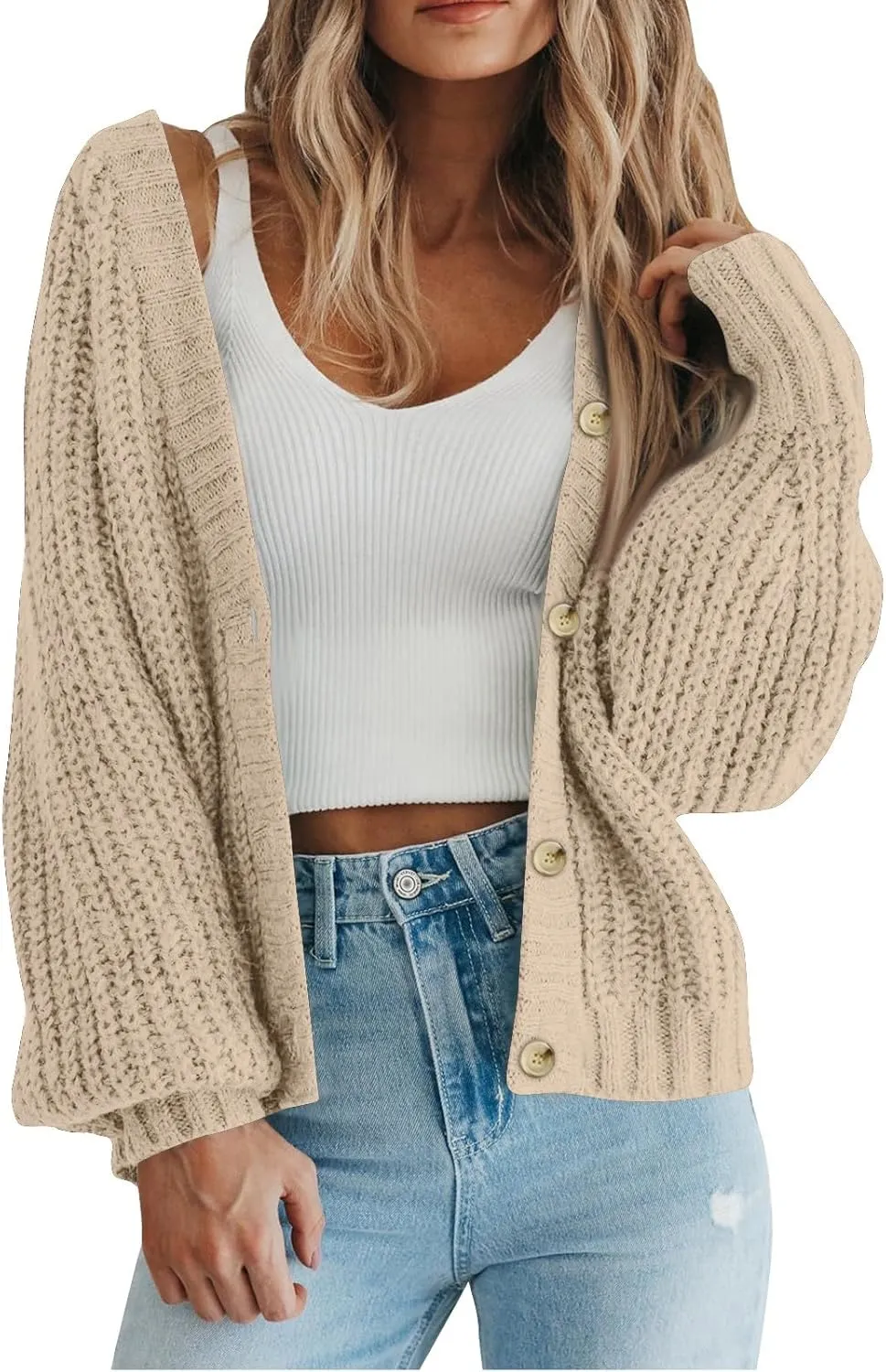 Women's Casual Long Sleeve Button Sweater Casual Open Front Sweater Lightweight Chunky Knit Sweater Outerwear Fall Outfits Oversized Soft Sweater Cropped Cardigan for Women Knitted Pullover Top