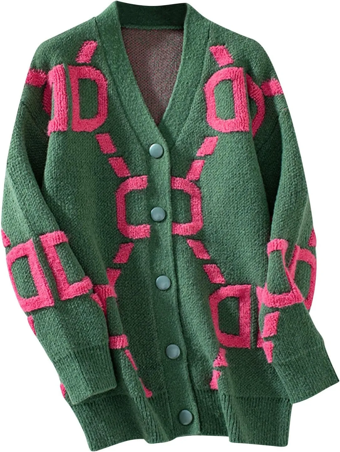 Women's Color Block Print Cardigan Sweaters Long Sleeve Button Down V Neck Chunky Knit Oversized Fall Sweater Coat Top