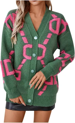 Women's Color Block Print Cardigan Sweaters Long Sleeve Button Down V Neck Chunky Knit Oversized Fall Sweater Coat Top
