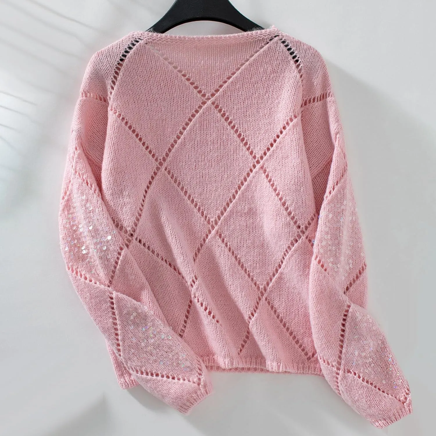 Womens Crew Neck Crochet Long Sleeve Hollow Out Knit Sweaters Fashion Lightweight Loose Casual Sequin Pullover Tops