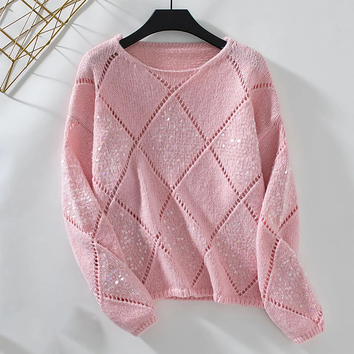 Womens Crew Neck Crochet Long Sleeve Hollow Out Knit Sweaters Fashion Lightweight Loose Casual Sequin Pullover Tops