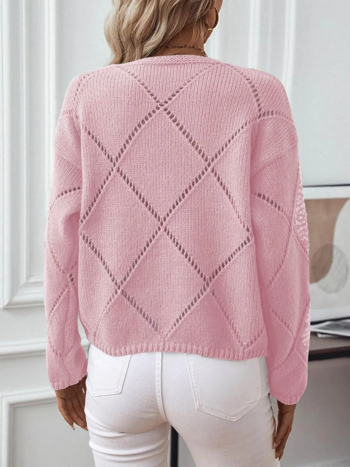 Womens Crew Neck Crochet Long Sleeve Hollow Out Knit Sweaters Fashion Lightweight Loose Casual Sequin Pullover Tops