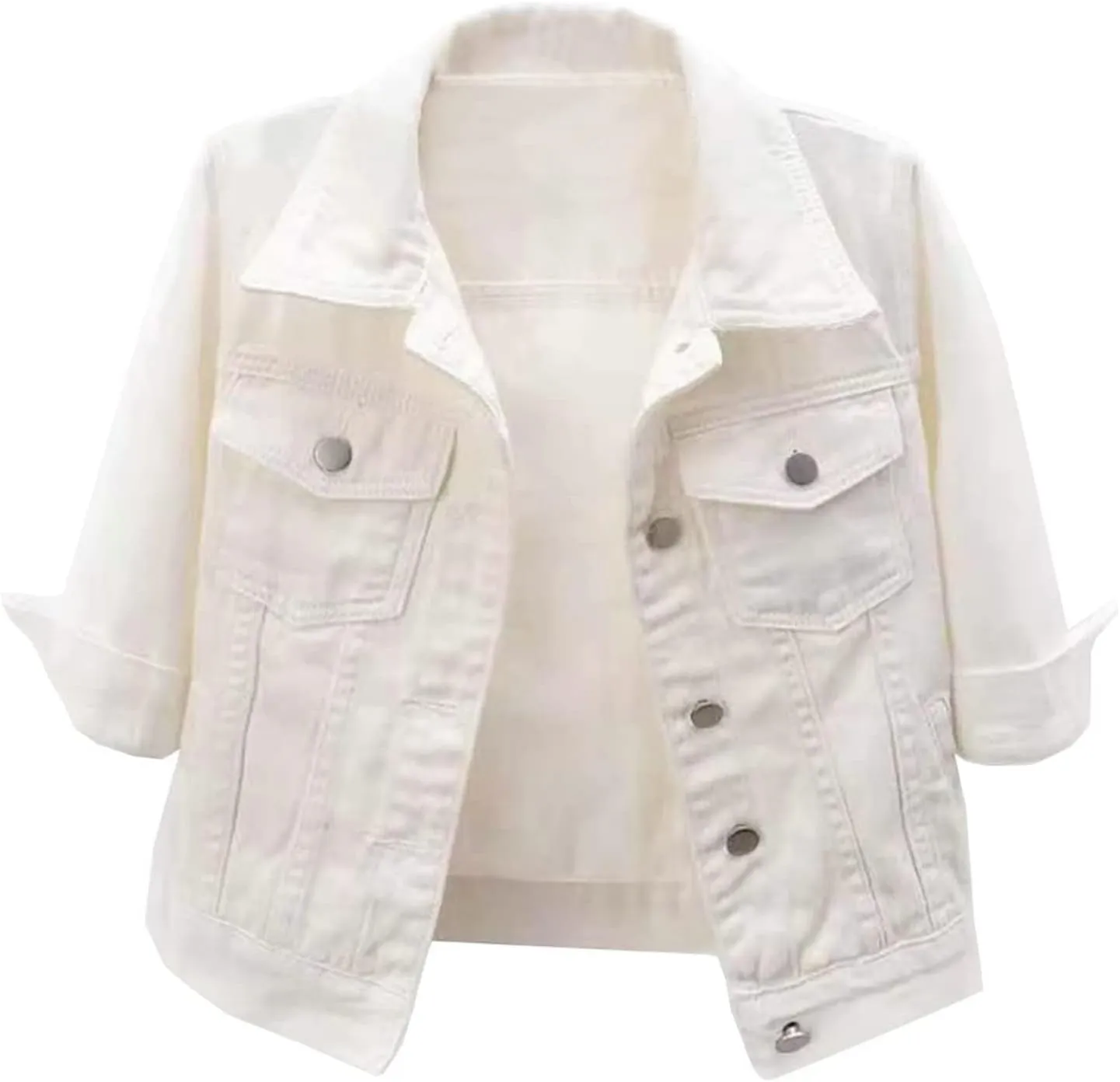 Womens Cropped Denim Jacket 3/4 Sleeve Short Jean Jacket for Women Trendy Button Down Lightweight Denim Jackets