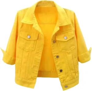 Womens Cropped Denim Jacket 3/4 Sleeve Short Jean Jacket for Women Trendy Button Down Lightweight Denim Jackets