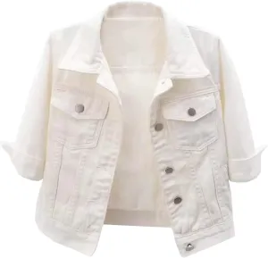 Womens Cropped Denim Jacket 3/4 Sleeve Short Jean Jacket for Women Trendy Button Down Lightweight Denim Jackets