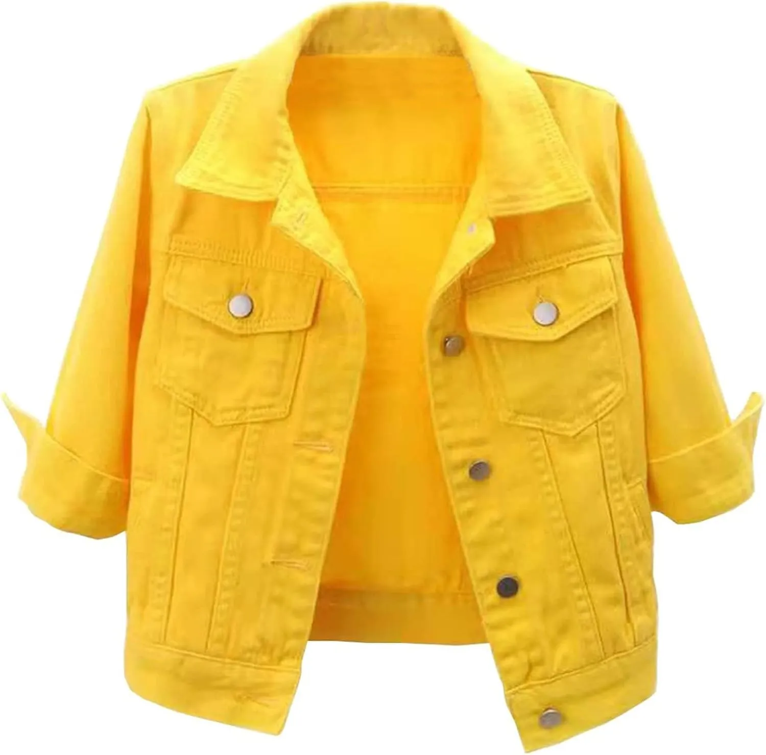 Womens Cropped Denim Jacket 3/4 Sleeve Short Jean Jacket for Women Trendy Button Down Lightweight Denim Jackets
