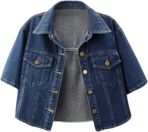 Women's Cropped Denim Jackets Button Down Short Sleeve Jean Jacket with Pockets Fashion Y2k Crop Tops Casual Jackets
