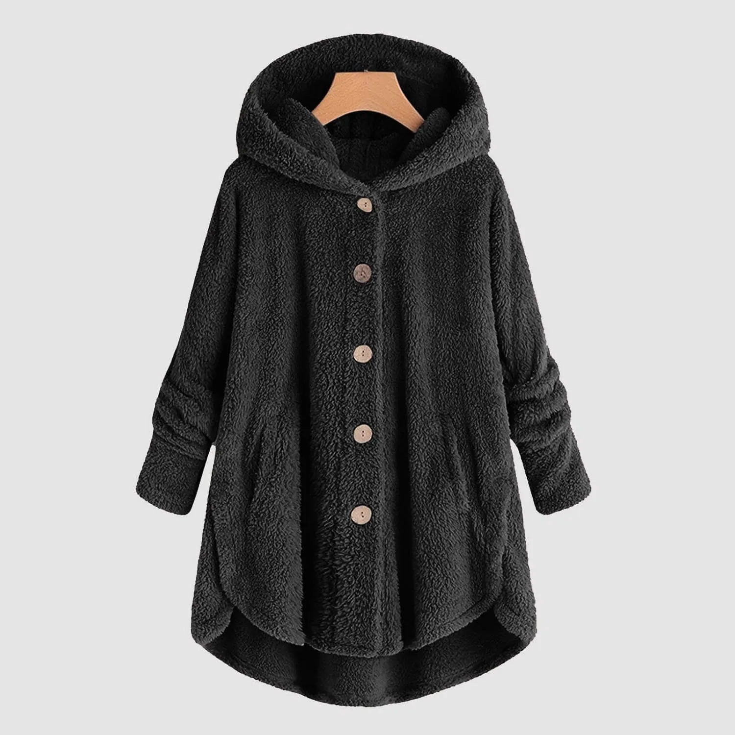 Womens Cute Home Hooded Fleece Coat Single Breasted Long Sleeve Outwear Comfort Loose Warm Overcoat Fall Winter Clothes