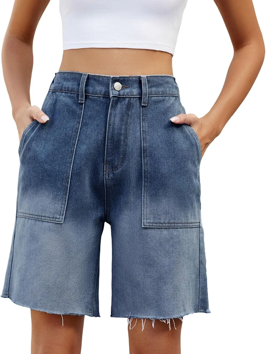 Women's Denim Bermuda Shorts Frayed Hem Mid Rise Comfy Straight Leg Shorts Loose Fit Breathable Baggy Jean Shorts with Pocket