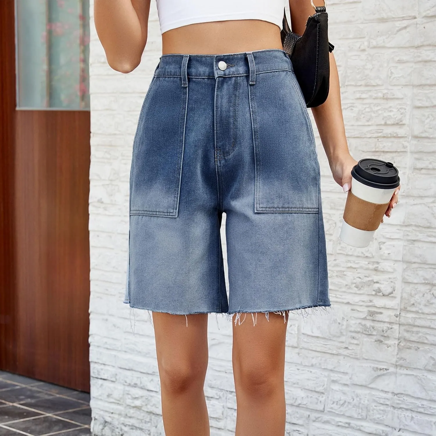 Women's Denim Bermuda Shorts Frayed Hem Mid Rise Comfy Straight Leg Shorts Loose Fit Breathable Baggy Jean Shorts with Pocket