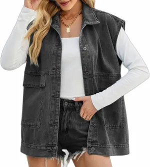 Women's Denim Retro Denim Top Oversized Sleeveless Button Denim Jacket