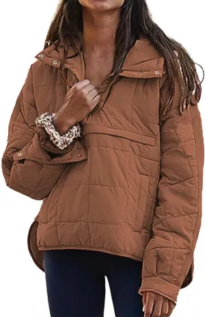 Womens Down Pullover Jacket Oversized Hoodies, Lightweight Quilted Pullover Jackets Winter Warm Hooded Down Outwear