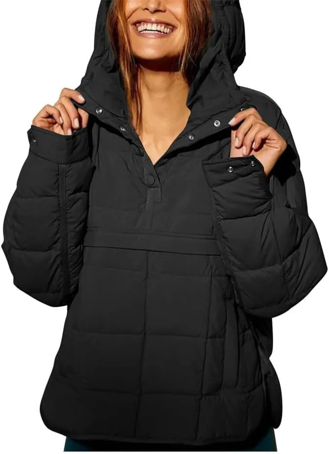 Womens Down Pullover Jacket Oversized Hoodies, Lightweight Quilted Pullover Jackets Winter Warm Hooded Down Outwear