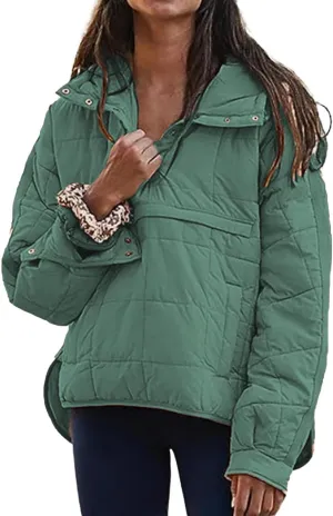 Womens Down Pullover Jacket Oversized Hoodies, Lightweight Quilted Pullover Jackets Winter Warm Hooded Down Outwear