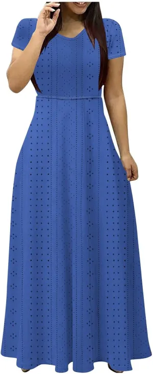 Womens Dresses 2025 Summer V Neck Short Sleeve Solid Eyelet Waisted Ankle Length Dress Beach Vacation Maxi Dresses