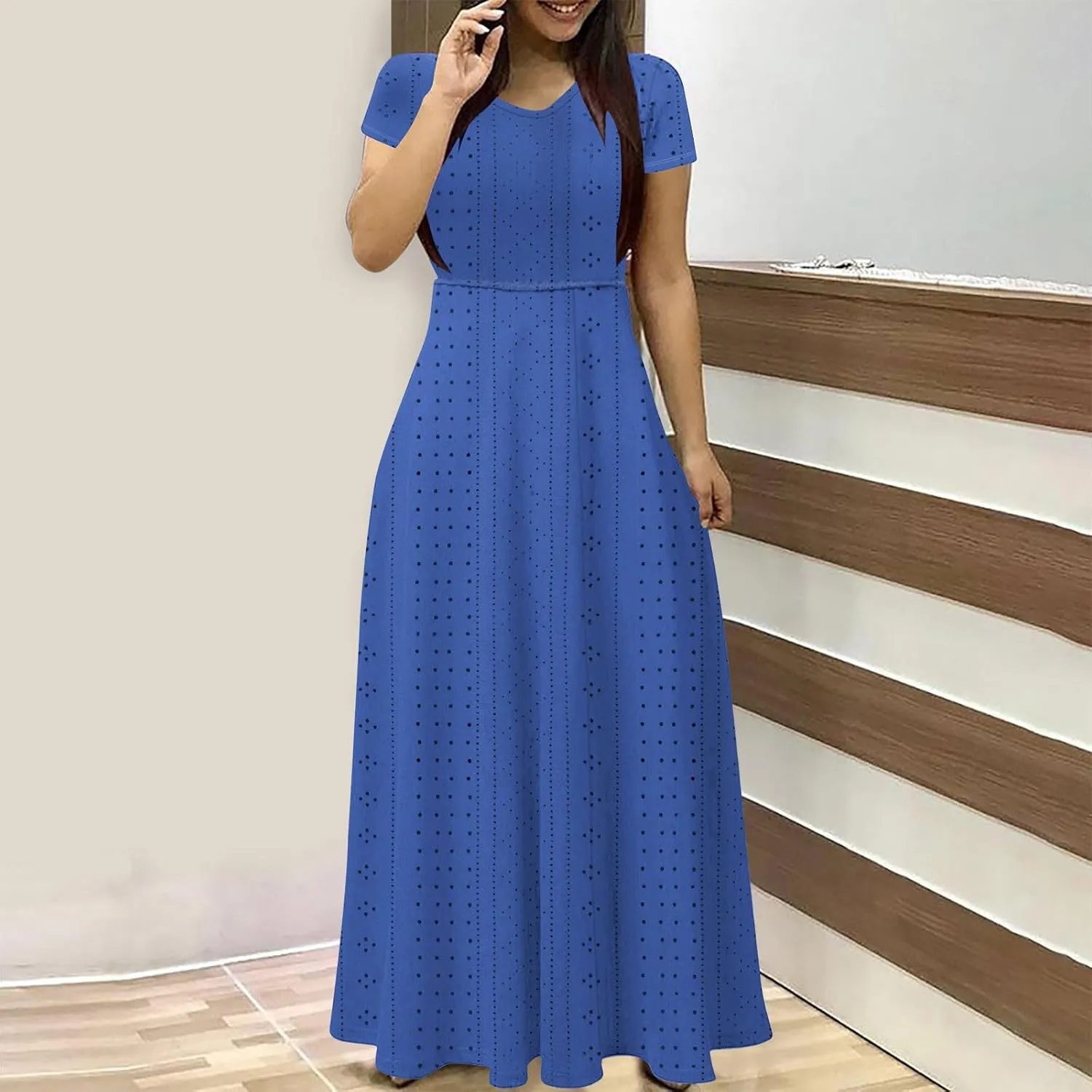 Womens Dresses 2025 Summer V Neck Short Sleeve Solid Eyelet Waisted Ankle Length Dress Beach Vacation Maxi Dresses
