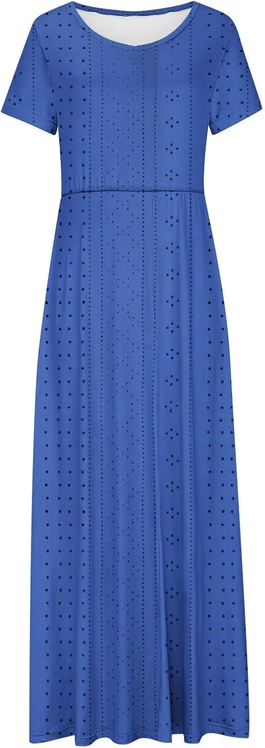 Womens Dresses 2025 Summer V Neck Short Sleeve Solid Eyelet Waisted Ankle Length Dress Beach Vacation Maxi Dresses
