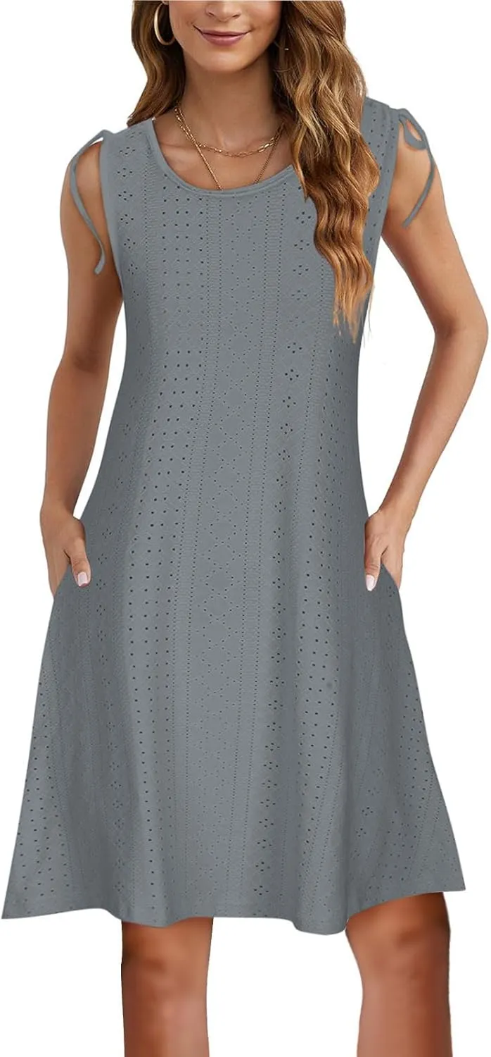 Womens Eyelet Dress Trendy Crew Neck Sleeveless Solid Dresses with Pockets 2025 Hollow Out Comfy Beach Midi Dress