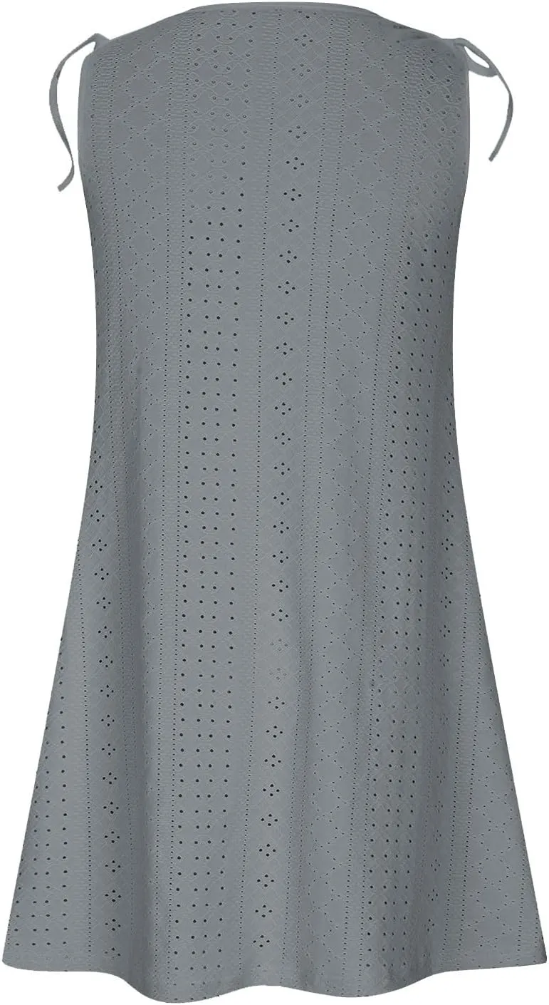 Womens Eyelet Dress Trendy Crew Neck Sleeveless Solid Dresses with Pockets 2025 Hollow Out Comfy Beach Midi Dress