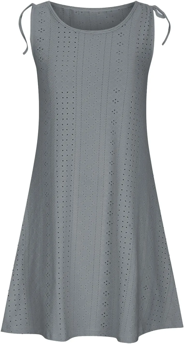 Womens Eyelet Dress Trendy Crew Neck Sleeveless Solid Dresses with Pockets 2025 Hollow Out Comfy Beach Midi Dress