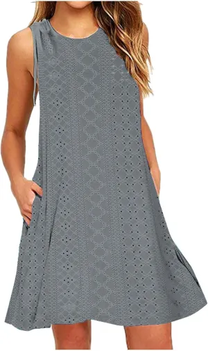 Womens Eyelet Dress Trendy Crew Neck Sleeveless Solid Dresses with Pockets 2025 Hollow Out Comfy Beach Midi Dress