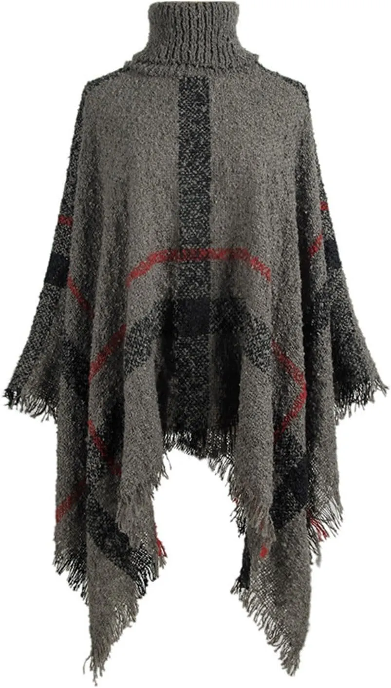 Womens Fall Winter Warm Poncho Cape Casual Striped Shawl Wraps Mock Turtleneck Knitted Pullover Sweater with Tassels