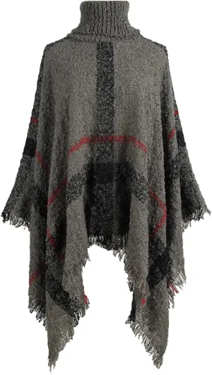 Womens Fall Winter Warm Poncho Cape Casual Striped Shawl Wraps Mock Turtleneck Knitted Pullover Sweater with Tassels