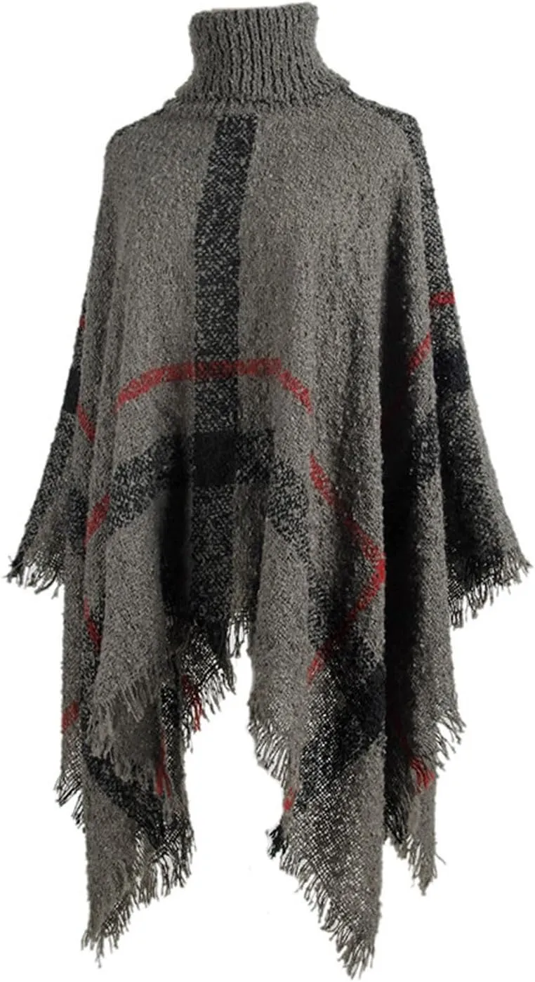 Womens Fall Winter Warm Poncho Cape Casual Striped Shawl Wraps Mock Turtleneck Knitted Pullover Sweater with Tassels