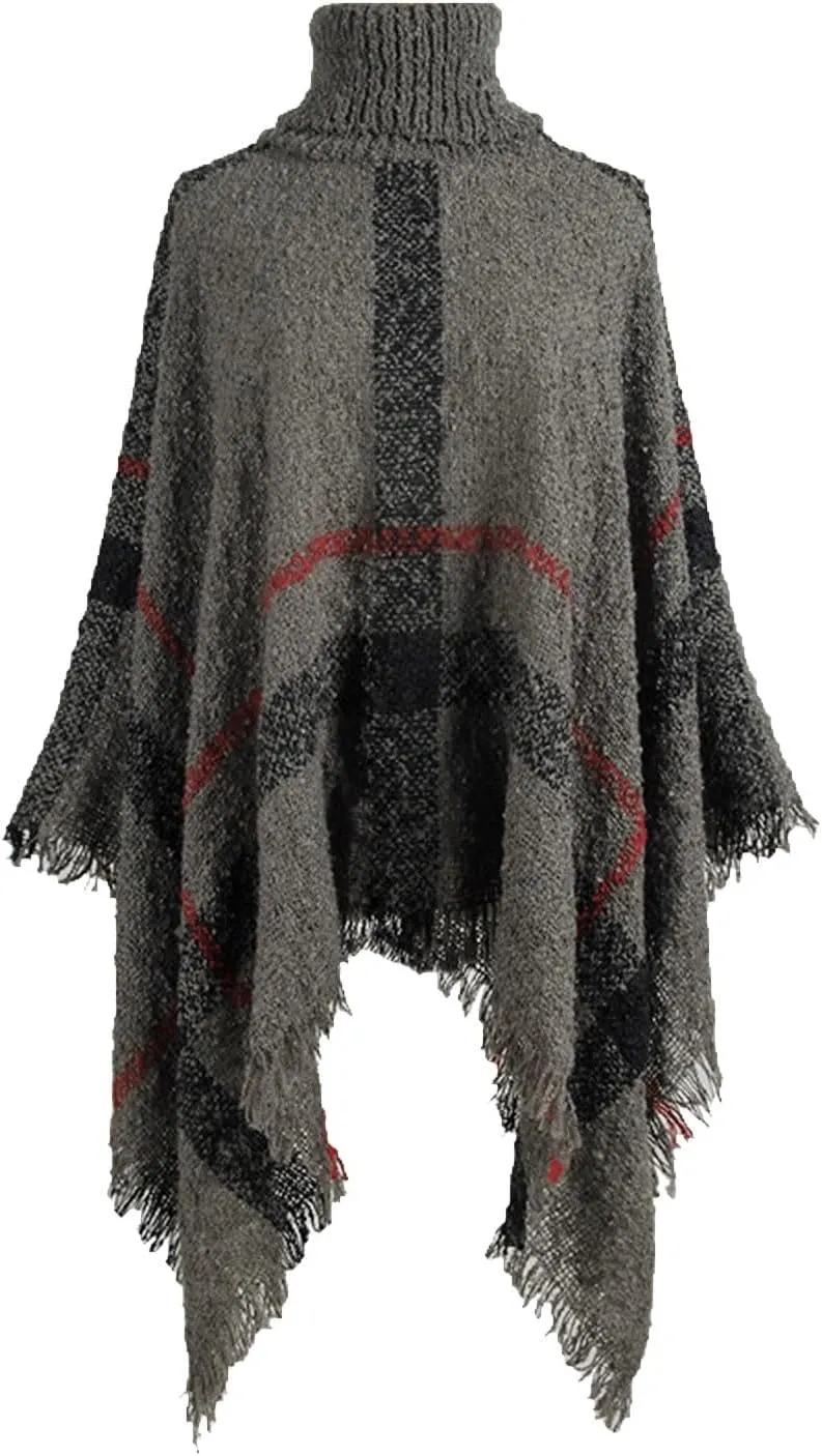 Womens Fall Winter Warm Poncho Cape Casual Striped Shawl Wraps Mock Turtleneck Knitted Pullover Sweater with Tassels