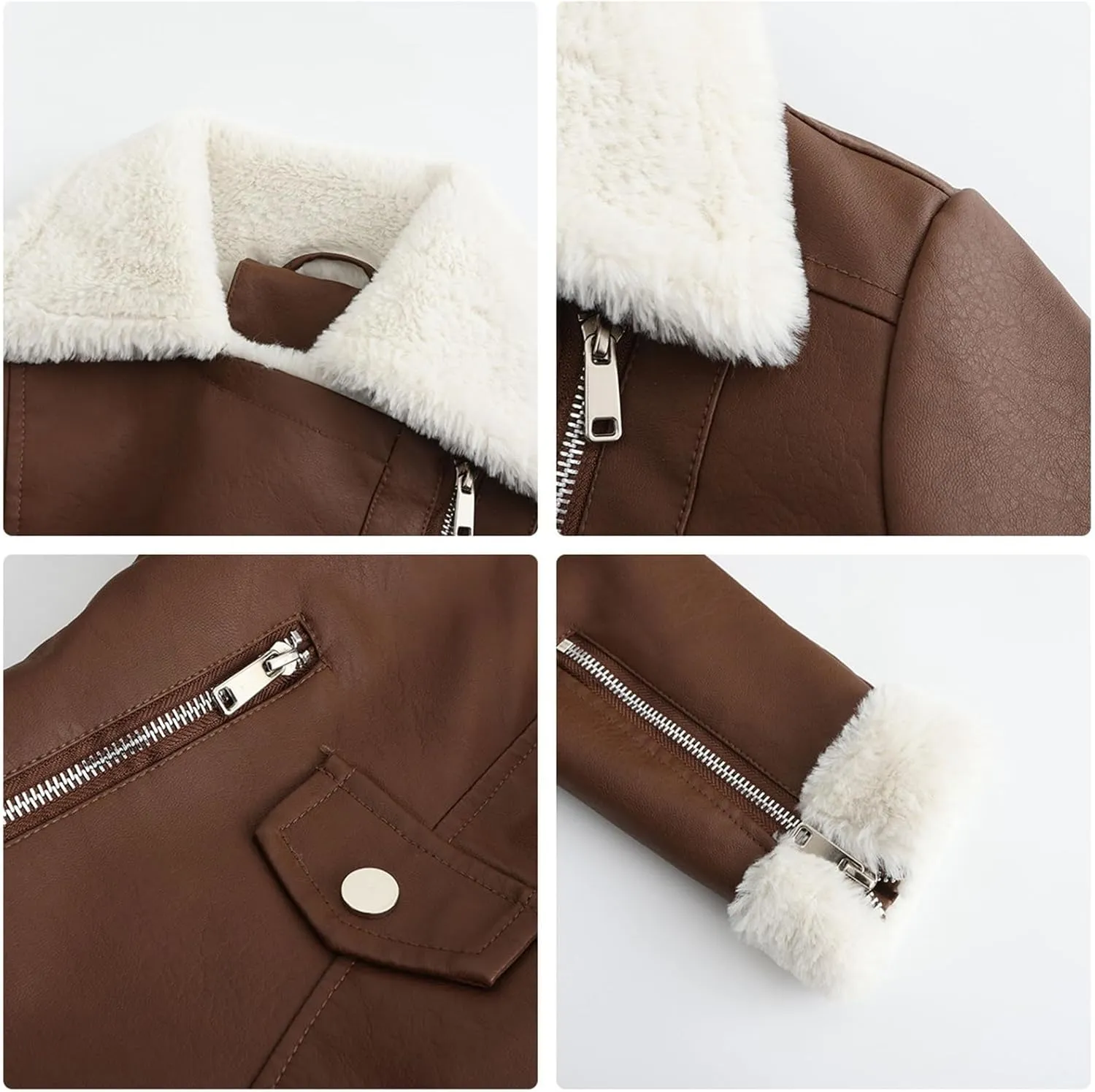 Women's Faux Fur Leather Jacket,Aviator Leather Outerwear,Faux Leather Jacket,Casual Motorcycle Leather Jacket