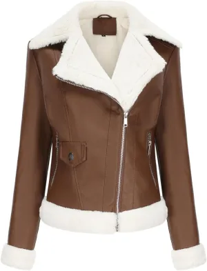 Women's Faux Fur Leather Jacket,Aviator Leather Outerwear,Faux Leather Jacket,Casual Motorcycle Leather Jacket