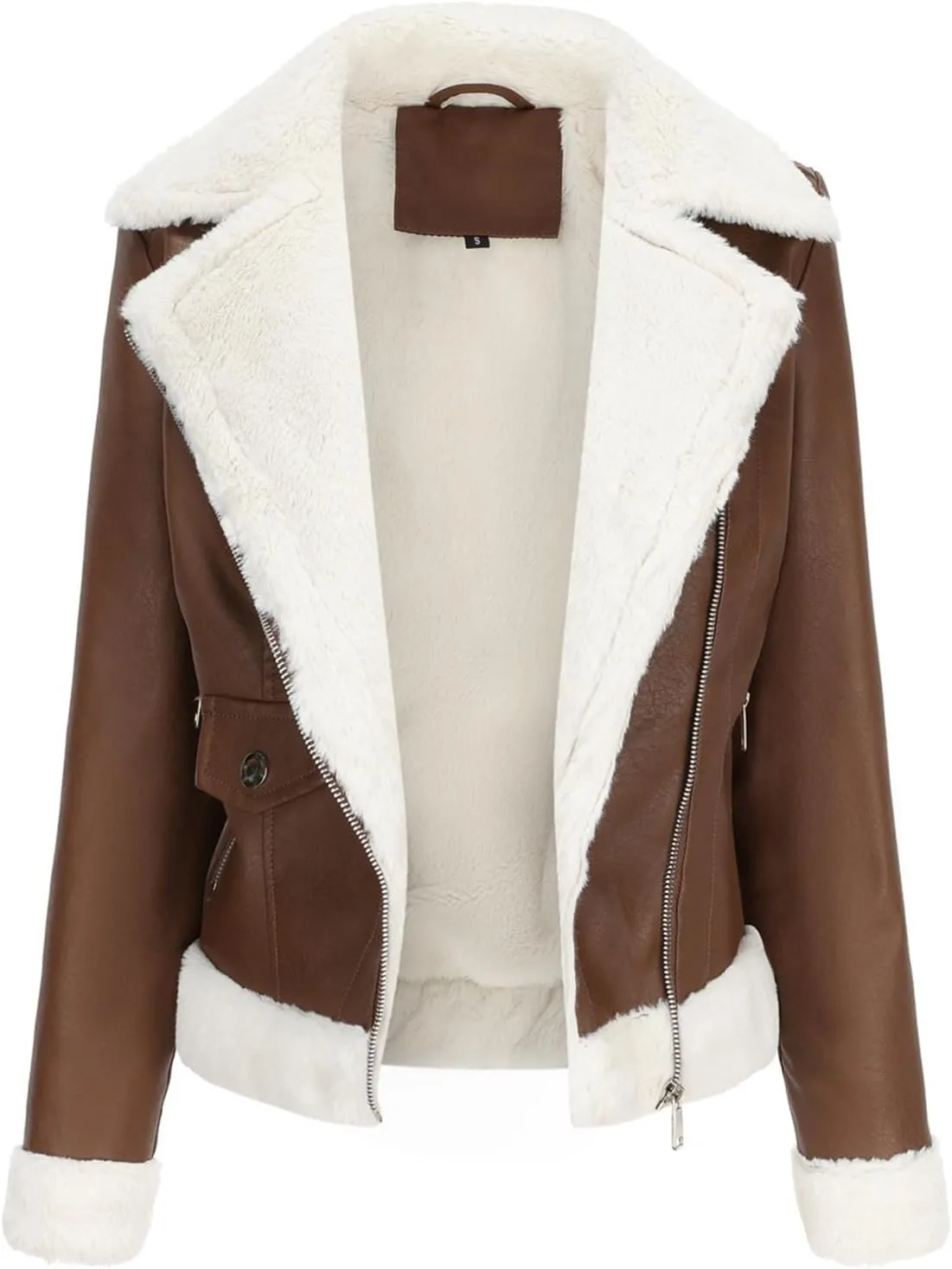 Women's Faux Fur Leather Jacket,Aviator Leather Outerwear,Faux Leather Jacket,Casual Motorcycle Leather Jacket