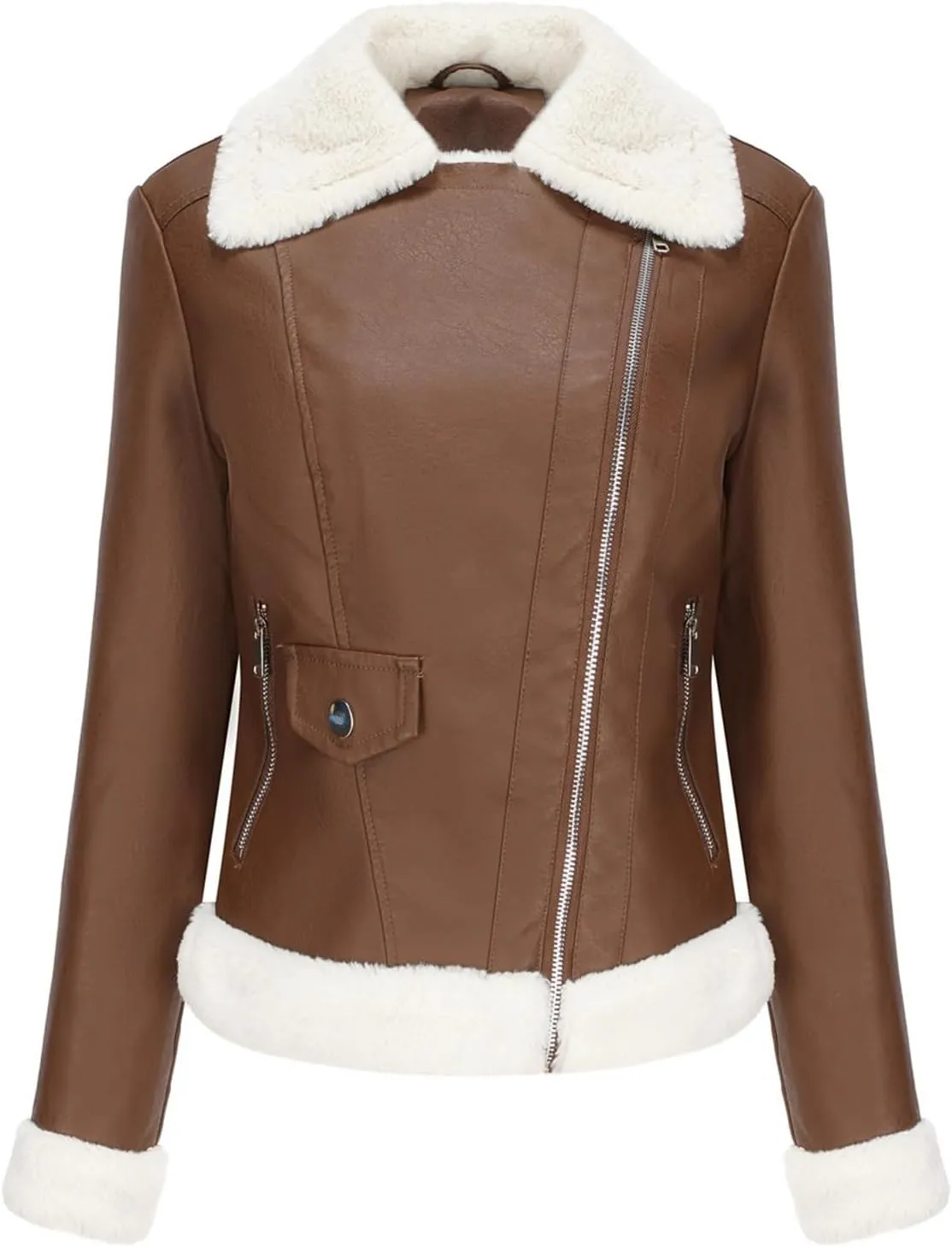 Women's Faux Fur Leather Jacket,Aviator Leather Outerwear,Faux Leather Jacket,Casual Motorcycle Leather Jacket