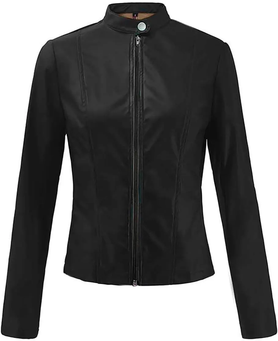 Womens Faux Leather Jacket Collar Zipper Stitching Solid Color Jacket Womens Coats De para Mujer Brown Jacket