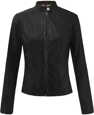 Womens Faux Leather Jacket Collar Zipper Stitching Solid Color Jacket Womens Coats De para Mujer Brown Jacket