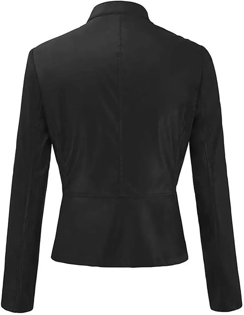 Womens Faux Leather Jacket Collar Zipper Stitching Solid Color Jacket Womens Coats De para Mujer Brown Jacket
