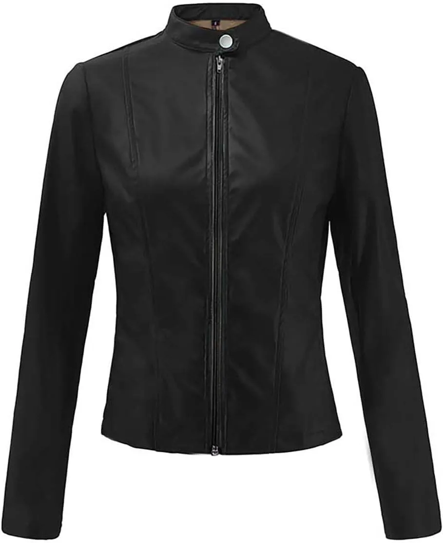 Womens Faux Leather Jacket Collar Zipper Stitching Solid Color Jacket Womens Coats De para Mujer Brown Jacket