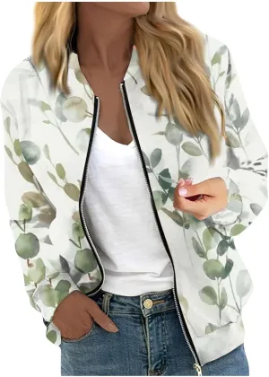 Women's Floral Print Bomber Jacket Cropped Jacket Long Sleeve Zipper Up Party Club Jacket Windbreaker Outerwear