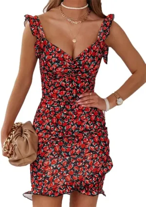 Women's Floral V Neck Ruffle Ruched Mini Dress Bodycon Mini Dress Summer Beach Mini Dress