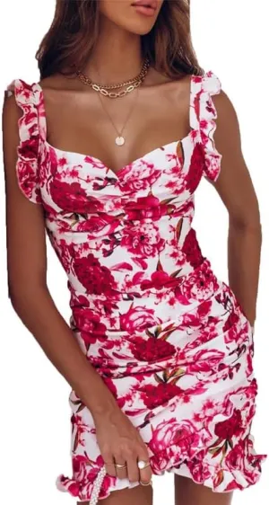 Women's Floral V Neck Ruffle Ruched Mini Dress Bodycon Mini Dress Summer Beach Mini Dress