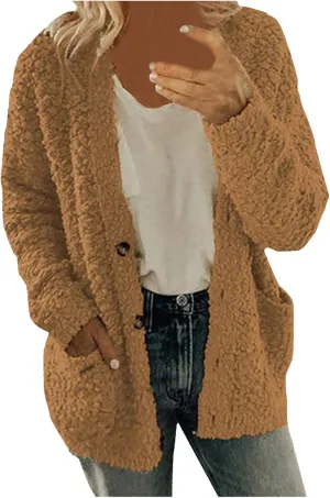 Women's Fuzzy Popcorn Button Down Long Sleeve Cardigan Knit Oversized Sherpa Sweater Cozy Plus Size Coat with Pockets