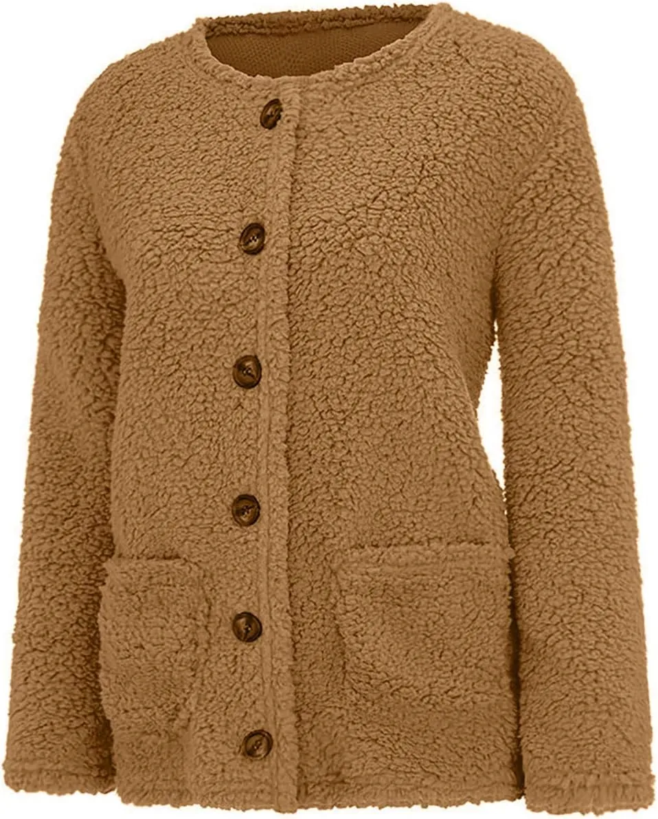 Women's Fuzzy Popcorn Button Down Long Sleeve Cardigan Knit Oversized Sherpa Sweater Cozy Plus Size Coat with Pockets
