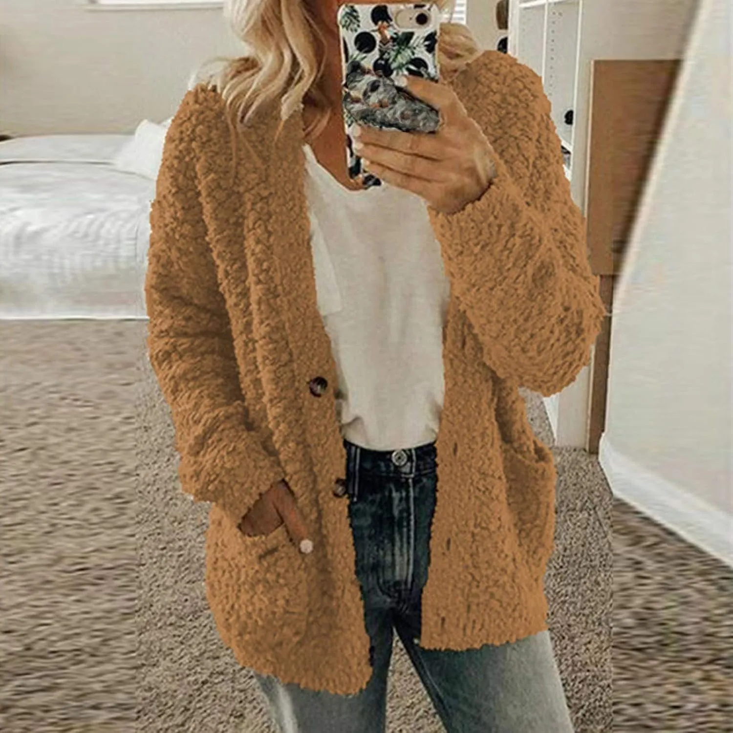 Women's Fuzzy Popcorn Button Down Long Sleeve Cardigan Knit Oversized Sherpa Sweater Cozy Plus Size Coat with Pockets