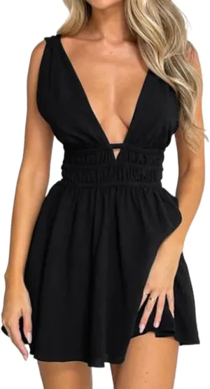 Womens Halter Neck Y2k Floral Mini Dress Cut Out Backless Ruffle Hem Rave Festival Club Dress