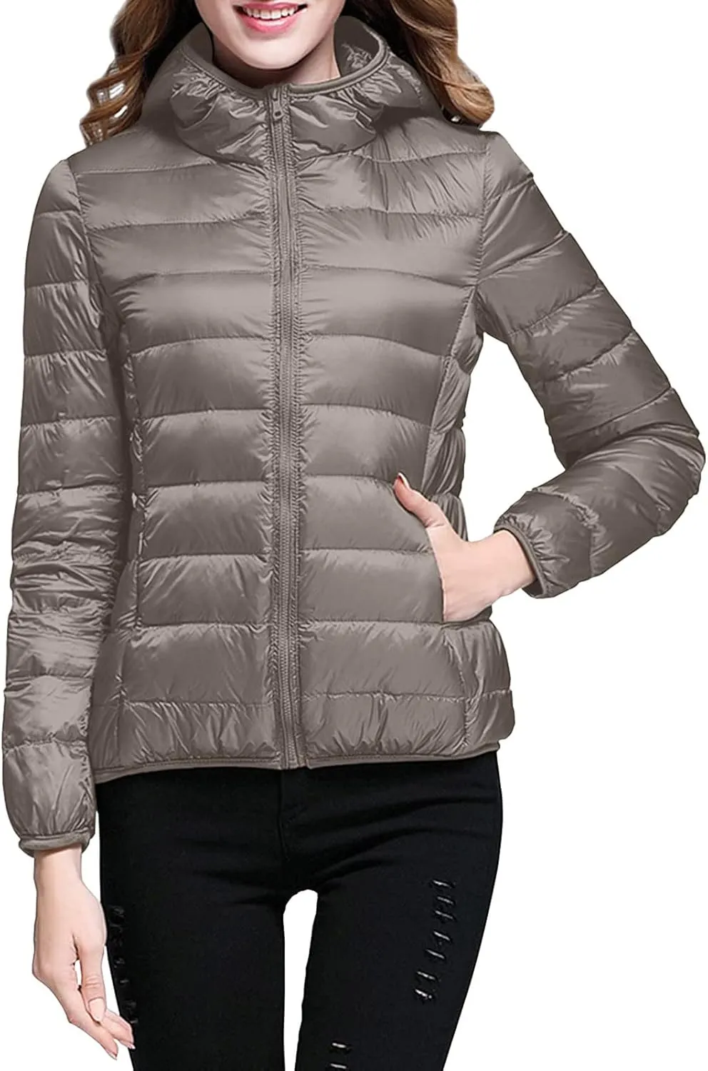 Women's Hooded Packable Puffer Jacket Casual Zip Up Lightweight Warm Trendy Quilted Winter Coat with Pocket Outerwear