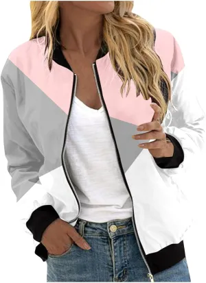 Womens Jacket Casual Zip Up Lightweight Coat Color Block Long Sleeve Coat Outerwear with Pocket 2024