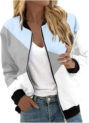 Womens Jacket Casual Zip Up Lightweight Coat Color Block Long Sleeve Coat Outerwear with Pocket 2024