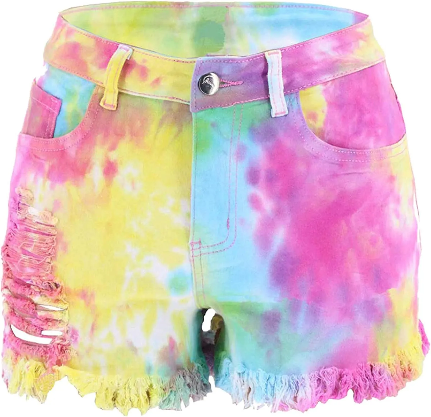 Women's Juniors Ripped Tie-dye Denim Jean Shorts High Waisted Raw Hem Hot Shorts Summer Stretchy Distressed Denim Shorts